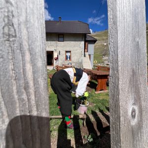 Traditional Bosnian woman in folk costume working in Village Lukomir